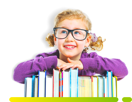 Young girl in glasses resting on a stack of colorful books